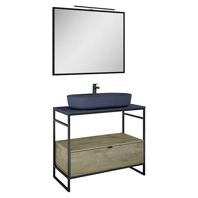 Inspira Badmöbel-Set GA4 - Gesamtbreite Badmöbel: 100 cm, Navy Blue/Canela Oak/Black, Matt, 6 -tlg. - Elegantes Badezimmermöbel-Set mit Waschbecken, Unterschrank und Spiegel mit Beleuchtung für ein modernes Badambiente.