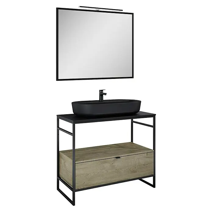 Inspira Badmöbel-Set GA5 - Gesamtbreite Badmöbel: 100 cm, Black/Canela Oak, Matt, 6 -tlg. - Ein Waschbeckenunterschrank mit schwarzem Becken und Spiegel mit Beleuchtung. Die Kommode hat eine Schublade mit Holzfront.