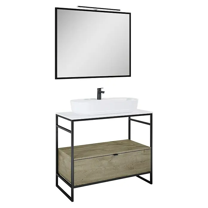 Inspira Badmöbel-Set GA7 - Gesamtbreite Badmöbel: 100 cm, White/Canela Oak/Black, Matt, 6 -tlg. - Modernes Badezimmer-Waschbecken mit schwarzem Hahn, Holzschublade und Spiegel mit Beleuchtung. Das stilvolle Design passt perfekt in jedes Badezimmer.