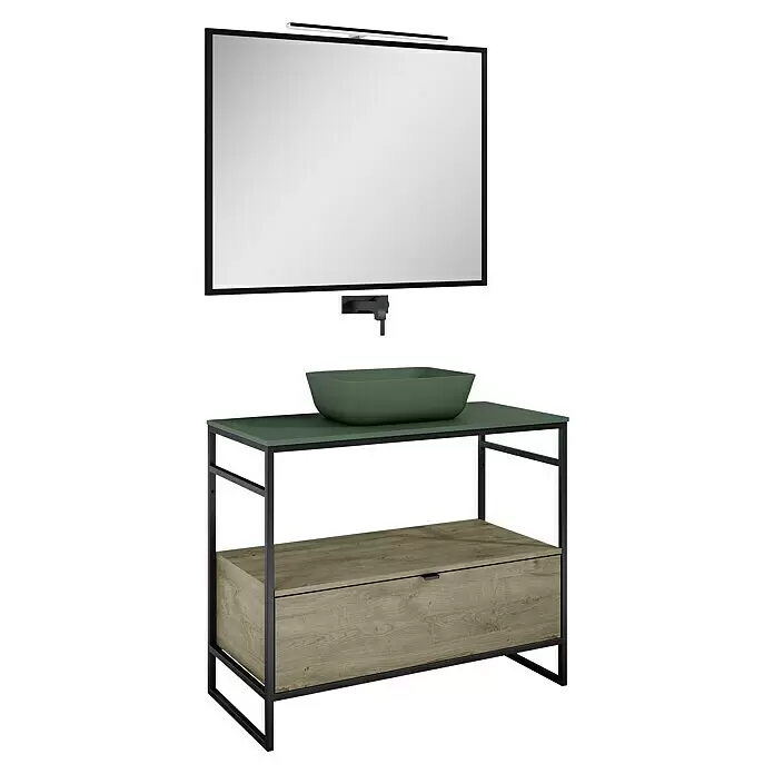 Inspira Badmöbel-Set GB2 - Gesamtbreite Badmöbel: 100 cm, Forest Green/Canela Oak/Black, Matt, 6 -tlg. - Diagonale Ansicht