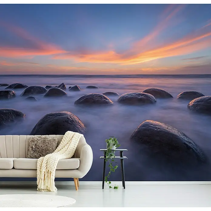 Papermoon Premium collection Fototapete Sunset Ball Beach - B x H: 400 x 260 cm, Vlies - Wandbild mit beruhigender Meereslandschaft bei Sonnenuntergang, das jedem Raum eine entspannende Atmosphäre verleiht.\n