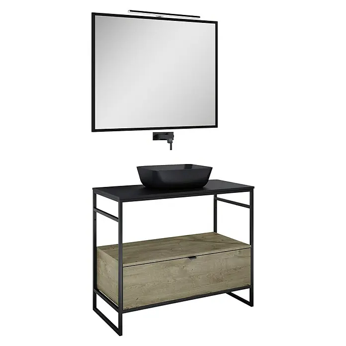 Inspira Badmöbel-Set GB5 - Gesamtbreite Badmöbel: 100 cm, Black/Canela Oak, Matt, 6 -tlg. - Modernes Badezimmermöbel-Set mit schwarzem Waschbecken, Spiegel und Holzschublade. Elegantes Design für stilvolle Badezimmer.