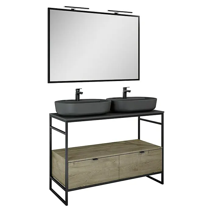 Inspira Badmöbel-Set HA1 - Gesamtbreite Badmöbel: 120 cm, Anthracite/Canela Oak/Black, Matt, 8 -tlg. - Modernes Badezimmer-Ensemble mit Doppelwaschtisch, Spiegel und zwei Schubladen für ein stilvolles Badambiente.