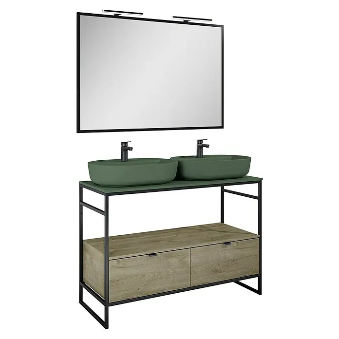 Inspira Badmöbel-Set HA2 - Gesamtbreite Badmöbel: 120 cm, Forest Green/Canela Oak/Black, Matt, 8 -tlg. - Waschbeckenunterschrank mit zwei grünen Waschbecken und einem Spiegel mit Beleuchtung für ein modernes Badezimmer.