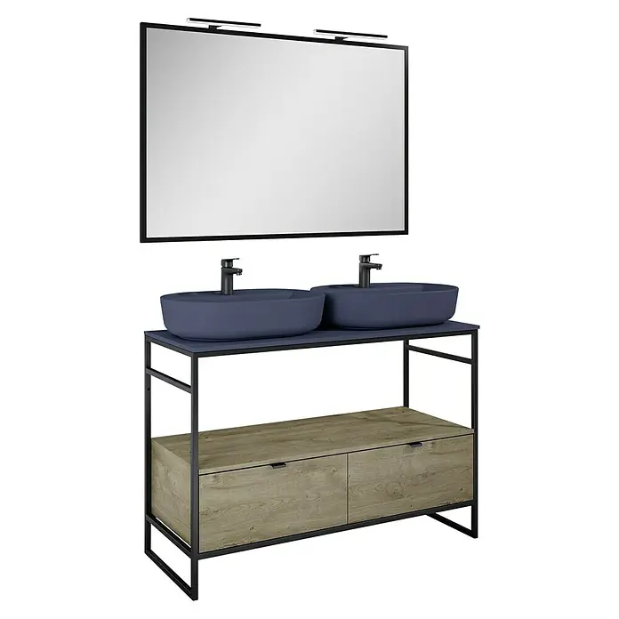 Inspira Badmöbel-Set HA4 - Gesamtbreite Badmöbel: 120 cm, Navy Blue/Canela Oak/Black, Matt, 8 -tlg. - Elegantes Badezimmer-Waschtisch-Set mit Doppelwaschbecken und Spiegel mit integrierter Beleuchtung für ein modernes Ambiente.