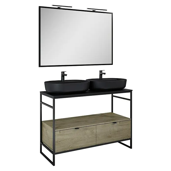 Inspira Badmöbel-Set HA5 - Gesamtbreite Badmöbel: 120 cm, Black/Canela Oak, Matt, 8 -tlg. - Elegantes Badezimmer-Waschbecken mit zwei schwarzen Aufsatzwaschbecken, dunklem Metallgestell und Holzschubladen. Darüber hängt ein großer Spiegel.