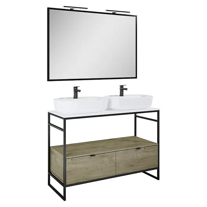 Inspira Badmöbel-Set HA7 - Gesamtbreite Badmöbel: 120 cm, White/Canela Oak/Black, Matt, 8 -tlg. - Elegantes Doppelwaschbecken-Set mit Spiegel und Unterschrank. Das moderne Design ist eine Bereicherung für jedes Badezimmer.