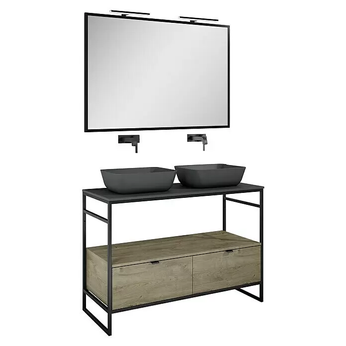 Inspira Badmöbel-Set HB1 - Gesamtbreite Badmöbel: 120 cm, Anthracite/Canela Oak/Black, Matt, 8 -tlg. - Diagonale Ansicht