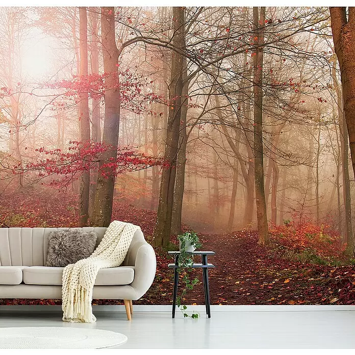 Papermoon Premium collection Fototapete Waldszene November - B x H: 350 x 260 cm, Vlies - Wandtapete mit nebeligem Herbstwald, roten Blättern und Sonnenstrahlen, hinter einem hellen Sofa und Beistelltisch.
