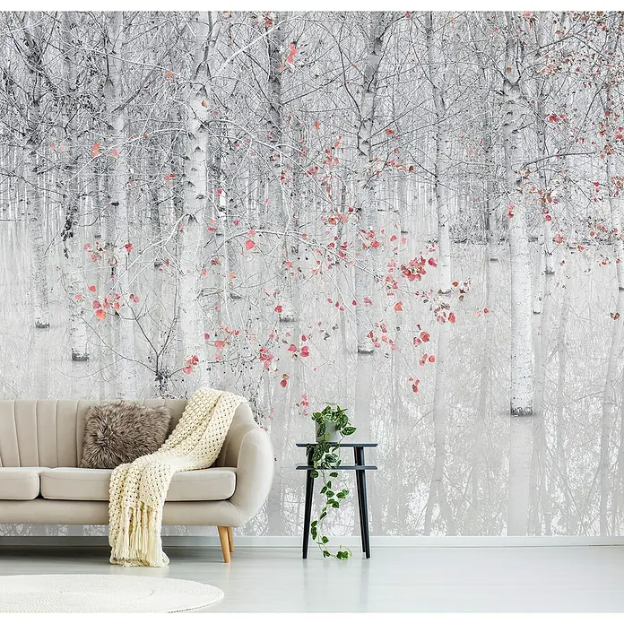 Papermoon Premium collection Fototapete Rot Ein Weiß - B x H: 250 x 186 cm, Vlies - Ein stilvolles Wohnzimmer mit beigem Sofa, dekorativer Decke und Beistelltisch vor einer fotorealistischen Birkenwald-Tapete.