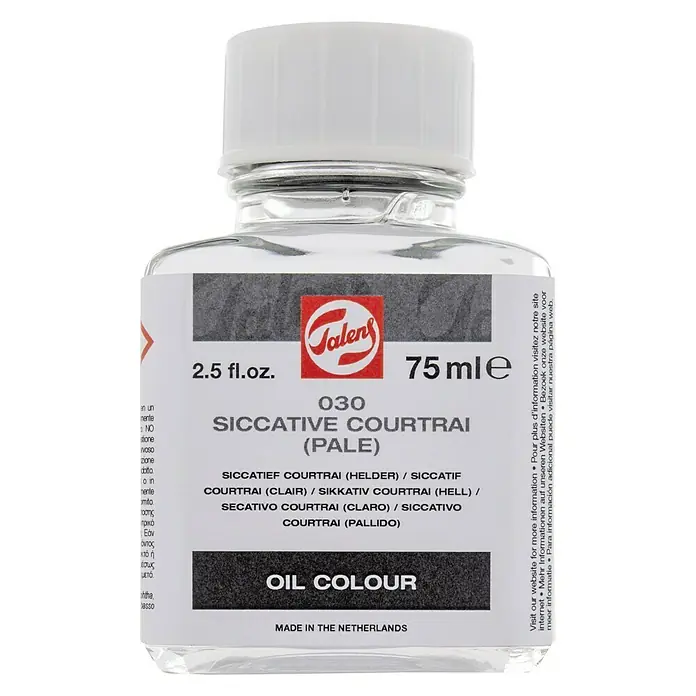 Talens Medium para pintar Secativo Courtrai - Incoloro, 75 ml - Una botella de Talens 030 Secativo Courtrai (Pálido). Un medio de color al óleo que acelera el tiempo de secado.