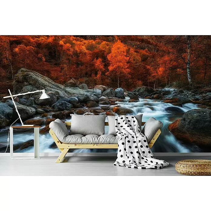 Papermoon Premium collection Fototapete Entspannen Sie sich - B x H: 250 x 186 cm, Vlies - Helles Holzsofa mit grauen Kissen, weißer gepunkteter Decke, weißem Beistelltisch mit Lampe und natürlichem Pouf im Raum.