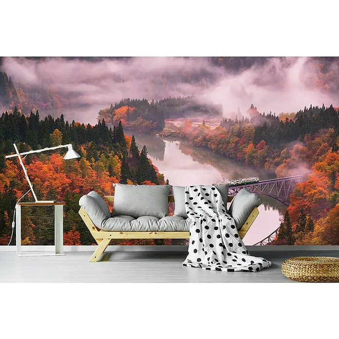 Papermoon Premium collection Fototapete Herbst Tadami Line - B x H: 400 x 260 cm, Vlies - Fototapete mit Landschaftsmotiv: Eine malerische Herbstlandschaft mit Zug auf einer Brücke, ideal für eine stilvolle Wandgestaltung.