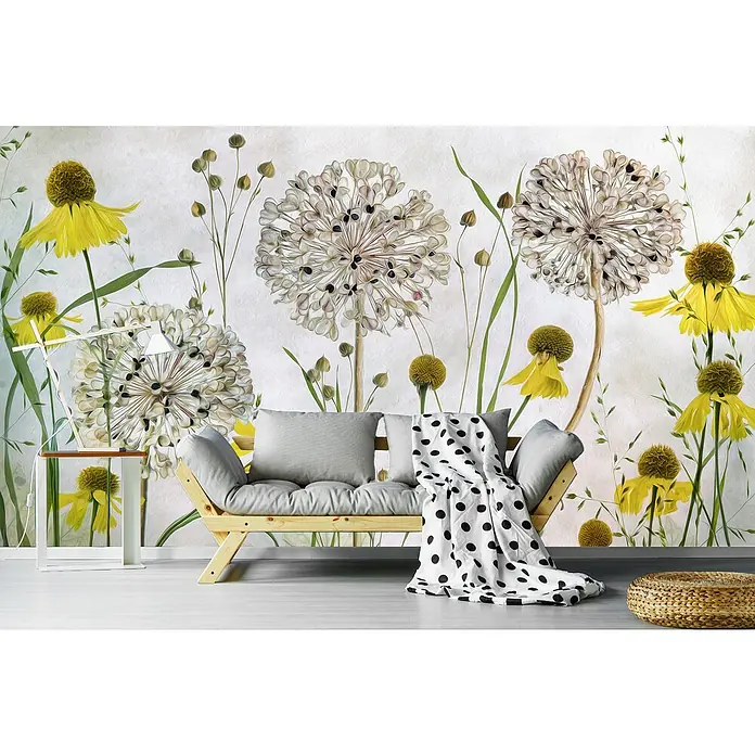 Papermoon Premium collection Fototapete Allien und Heleniens - B x H: 250 x 186 cm, Vlies - Ein modernes Wohnzimmer mit einer stilvollen Couch, einem Beistelltisch und einem dekorativen Wandbild, das eine ruhige und einladende Atmosphäre schafft.