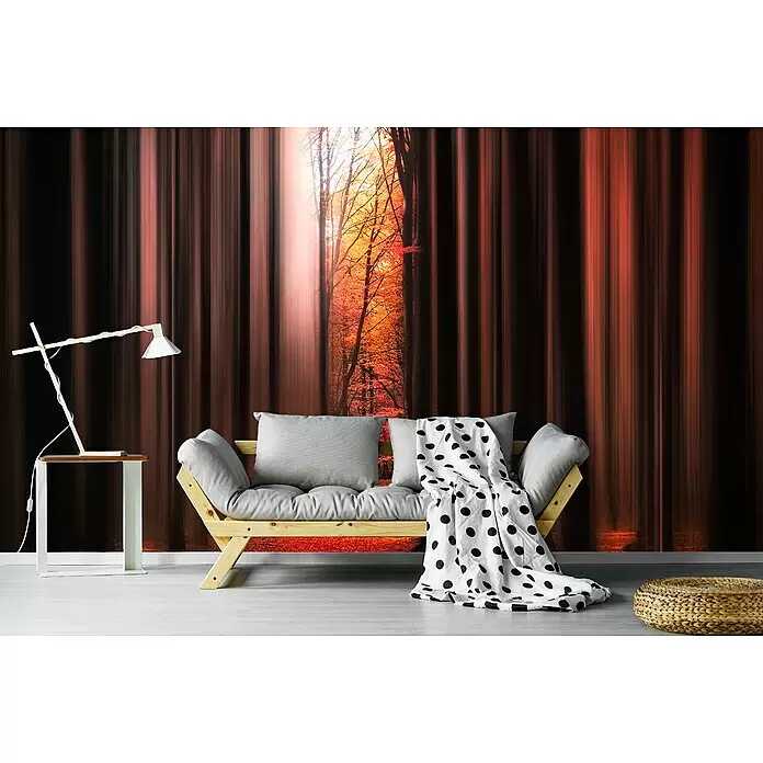Papermoon Premium collection Fototapete Wecke mich nicht auf - B x H: 250 x 186 cm, Vlies - Holzsofa mit grauen Kissen und gepunkteter Decke vor einer Herbstwald-Wandmalerei.