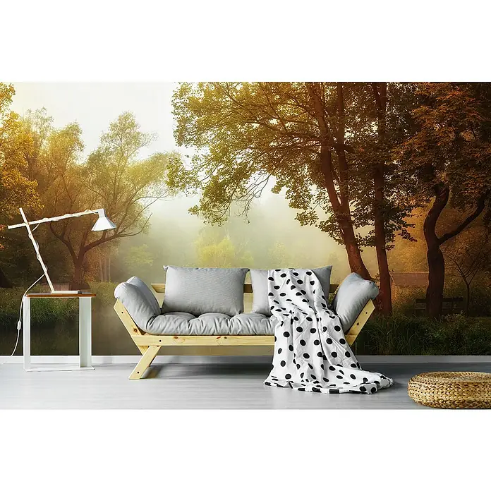 Papermoon Premium collection Fototapete Nebeliger Herbst - B x H: 250 x 186 cm, Vlies - Die Fototapete verwandelt jeden Raum in eine friedliche Waldlandschaft mit einem bequemen Sofa und einem sanften Licht.
