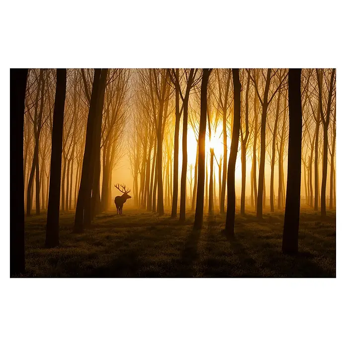 Papermoon Premium collection Fototapete Elch im Wald - B x H: 200 x 149 cm, Vlies - Ein majestätischer Hirsch steht in einem dichten Wald, durch den die warme Morgensonne scheint und eine mystische Atmosphäre erzeugt.