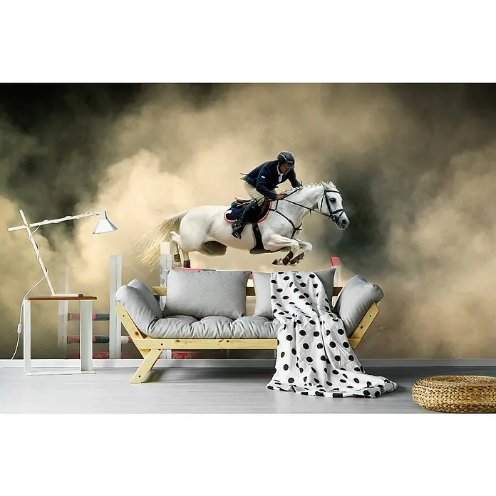 Papermoon Premium collection Fototapete Weißes Pferd - B x H: 200 x 149 cm, Vlies - Wandbild mit einem springenden Pferd über einem Sofa, das eine dynamische und moderne Note in den Raum bringt.