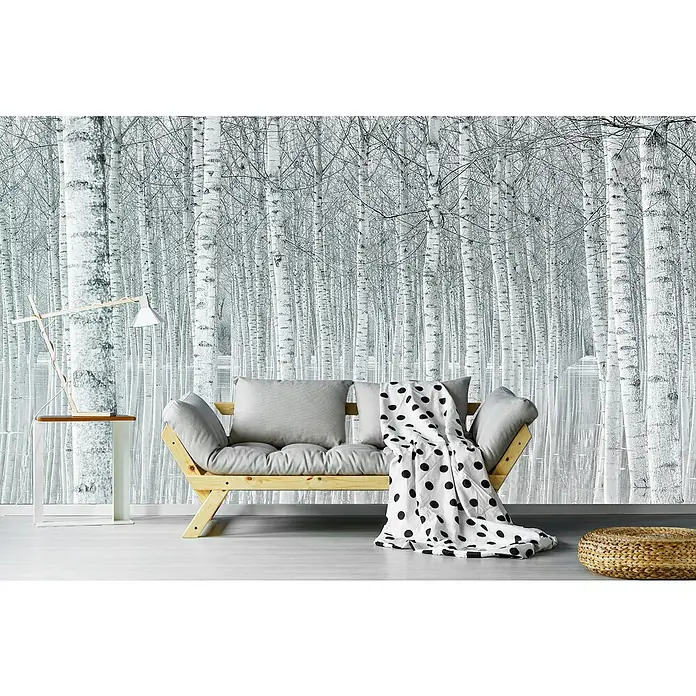 Papermoon Premium collection Fototapete Bäume - B x H: 250 x 186 cm, Vlies - Wohnraum mit einem hellen Holzsofa, einer gepunkteten Decke und einem Tisch mit einer Lampe vor einer Fototapete mit Birkenwald-Motiv.