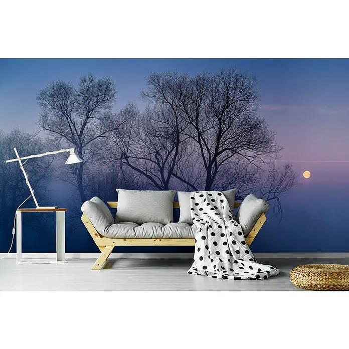 Papermoon Premium collection Fototapete Ein weiterer, neuer Tag - B x H: 350 x 260 cm, Vlies - Interieur mit einem hellen Holzsofa, grauem Kissen und einer schwarz-weißen Decke vor einer Wand mit Baummotiv und Mond.