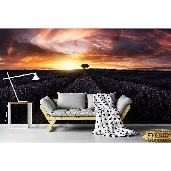 Papermoon Premium collection Fototapete Lavendel-Sunset - B x H: 200 x 149 cm, Vlies - Futon-Sofa aus Holz mit hellgrauen Kissen und einer weiß gepunkteten Decke vor einer lebendigen Lavendelfeld-Wandtapete.