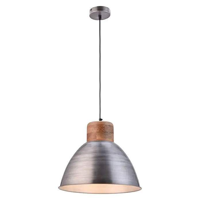 Just Light Samia Pendelleuchte - Ø x H: 410 mm x 120 cm - Hängeleuchte mit einer silberfarbenen Metallhaube und einem Holzaufsatz, hängt an einem schwarzen Kabel von einer runden Deckenbefestigung.
