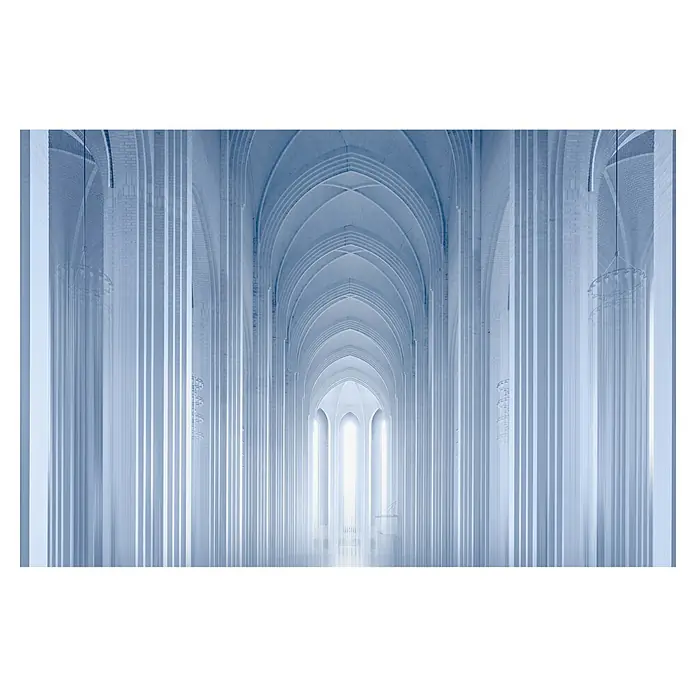 Papermoon Premium collection Fototapete Wege zum Licht - B x H: 300 x 223 cm, Vlies - Innenansicht der Hallgrímskirkja-Kirche in Reykjavík, Island, mit ihren hohen Säulen und beeindruckenden Gewölben, die eine spirituelle Atmosphäre erzeugen.