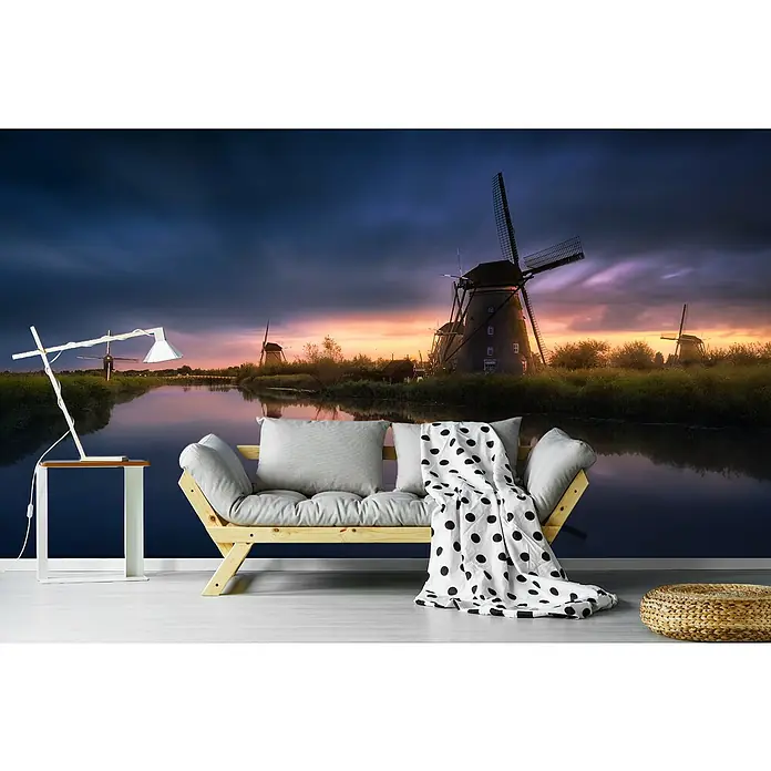Papermoon Premium collection Fototapete Kindijk-Windmühlen - B x H: 450 x 280 cm, Vlies - Wohnraum mit stilvoller Windmühlen-Fototapete. Das Motiv mit den Windmühlen verleiht dem Raum eine beruhigende und natürliche Atmosphäre.