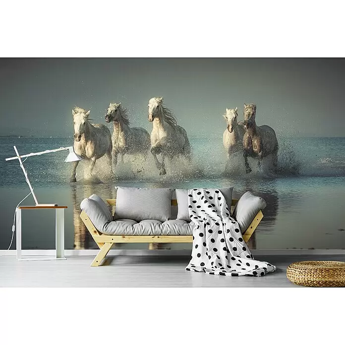 Papermoon Premium collection Fototapete Camargue-Pferde - B x H: 500 x 280 cm, Vlies - Holz-Futonsofa mit hellgrauen Kissen und weißer Decke mit schwarzen Punkten in einem Zimmer.
