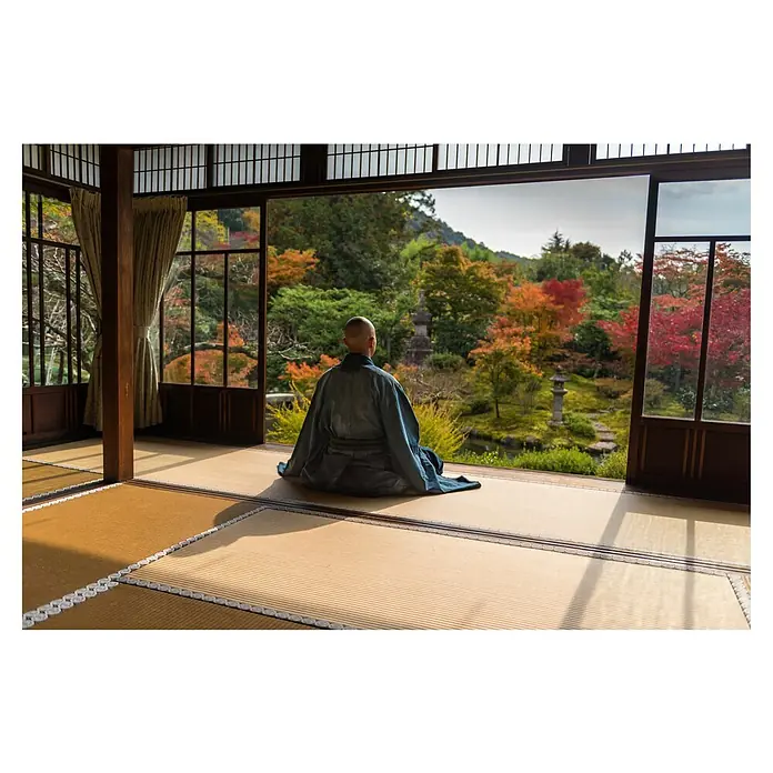 Papermoon Premium collection Fototapete Meditation - B x H: 250 x 186 cm, Vlies - Ein Mönch sitzt in einem traditionellen japanischen Haus und meditiert mit Blick auf einen ruhigen Garten mit Herbstlaub.