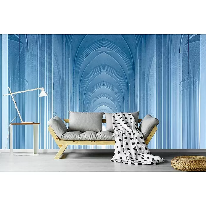 Papermoon Premium collection Fototapete Wege zum Licht - B x H: 300 x 223 cm, Vlies - Hellblaues Architektur-Wandbild einer langen, gewölbten Halle, das Tiefe in einem modernen Wohnraum schafft.