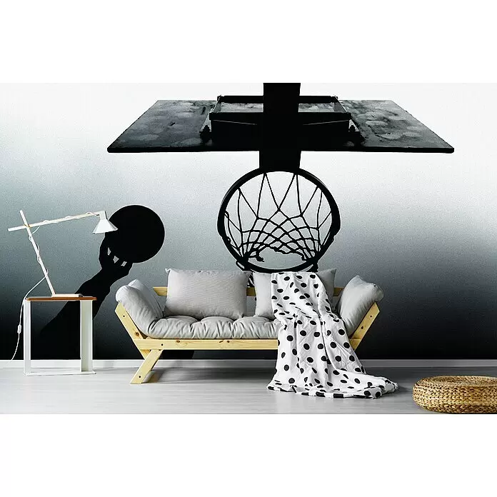 Papermoon Premium collection Fototapete Sport Basketball - B x H: 350 x 260 cm, Vlies - Monochromes Wandbild mit Basketballkorb und Spielerschatten, das ein modernes Wohnzimmer verschönert.