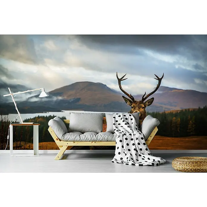 Papermoon Premium collection Fototapete Schottischer Hirsch - B x H: 300 x 223 cm, Vlies - Wohnzimmer mit einem Sofa mit Hirsch-Wandbild im Hintergrund, eine Lampe steht daneben.