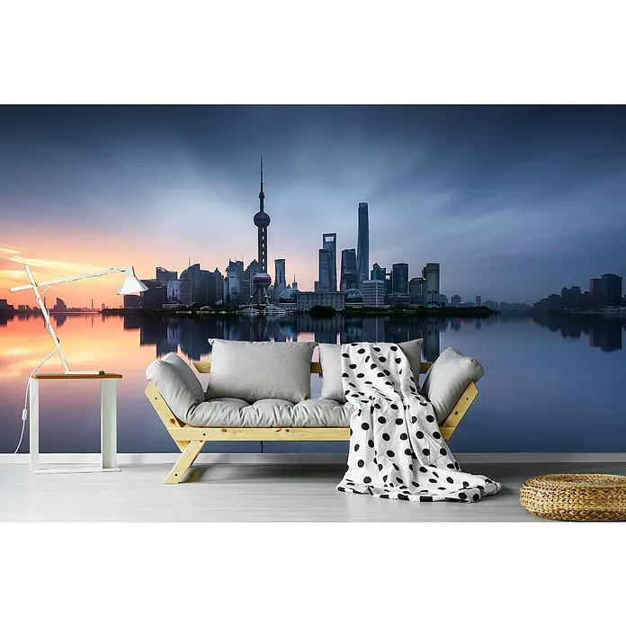 Papermoon Premium collection Fototapete Guten Morgen Shanghai - B x H: 250 x 186 cm, Vlies - Wandbild mit einer beeindruckenden Skyline von Shanghai bei Sonnenuntergang, das eine moderne und entspannende Atmosphäre schafft.