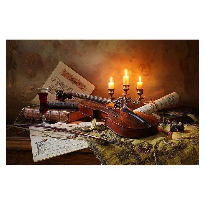 Papermoon Premium collection Fototapete Stillleben Violine Kerzen - B x H: 250 x 186 cm, Vlies - Stillleben mit einer Geige, Kerzen, alten Büchern und Notenblättern. Stimmungsvolles Ambiente mit klassischer Musik.