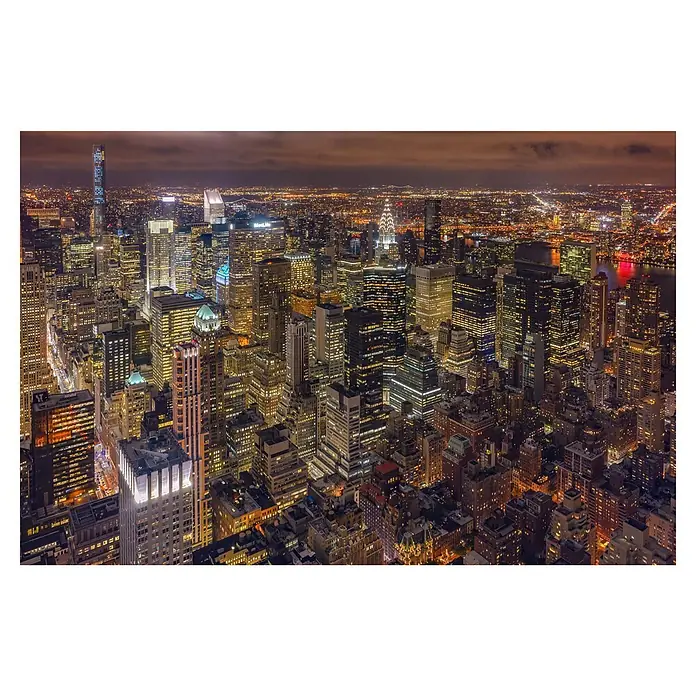 Papermoon Premium collection Fototapete Nachtleben - B x H: 200 x 149 cm, Vlies - Skyline von New York City bei Nacht, glitzernde Lichter der Wolkenkratzer erhellen die Dunkelheit. Eine atemberaubende urbane Szene.