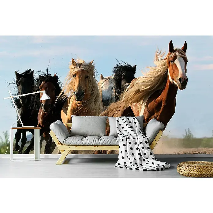 Papermoon Premium collection Fototapete Lucky Sechs - B x H: 200 x 149 cm, Vlies - Wandbild mit einer Herde galoppierender Pferde, die Lebendigkeit und Bewegung in Ihr Zuhause bringt. Ein stilvolles Deko-Element.