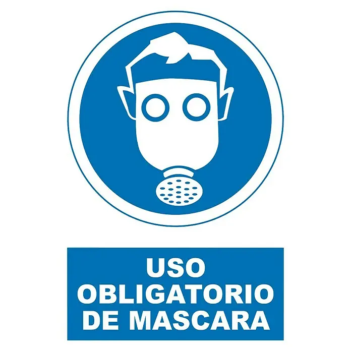 Cartel - Azul/Blanco, Uso obligatorio de máscara de seguridad, 23 x 34 cm - Uso obligatorio de máscara: Señalización azul y blanca con el pictograma de una máscara y el texto "Uso Obligatorio de Máscara".