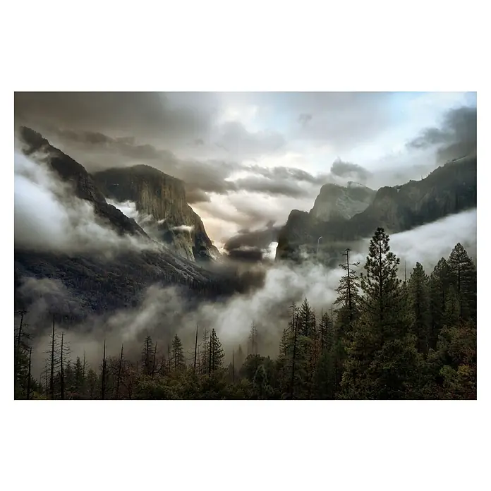 Papermoon Premium collection Fototapete Obertalmorgen - B x H: 450 x 280 cm, Vlies - Nebelverhangene Berge und ein dichter Wald in der Ferne. Die Natur zeigt sich von ihrer mystischen Seite.