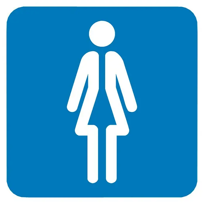 Cartel - Azul/Blanco, Señoras - Señal azul con símbolo femenino blanco, típica para baños de mujeres. Claro y reconocible.