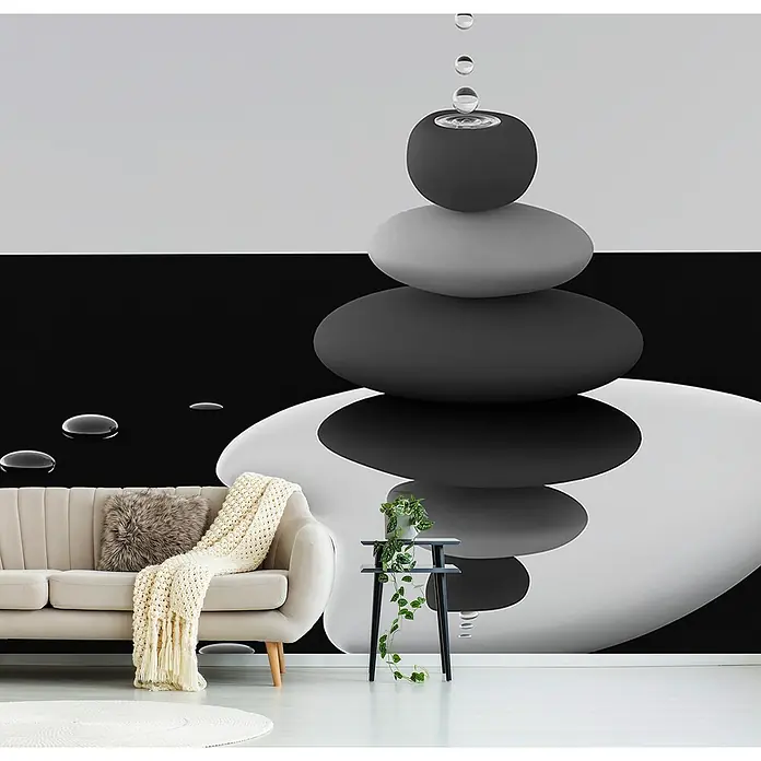 Papermoon Premium collection Fototapete Balance Steine - B x H: 300 x 223 cm, Vlies - Dieses moderne Wandbild zeigt einen stilisierten Zen-Garten mit Steinen und Wassertropfen, perfekt für eine entspannende Atmosphäre.