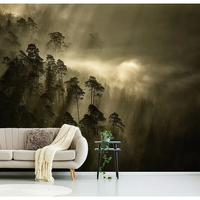 Papermoon Premium collection Fototapete Streifchichter - B x H: 350 x 260 cm, Vlies - Detailaufnahme einer Tapete mit Waldmotiv, gezeigt in einem Wohnzimmerambiente mit Sofa und Beistelltisch.