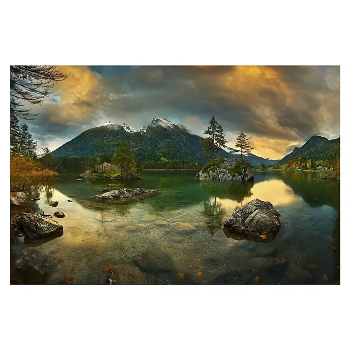 Papermoon Premium collection Fototapete Hintersee - B x H: 250 x 186 cm, Vlies - Malerische Landschaft des Hintersees mit Bergen, klarem Wasser und Felsen, die eine friedliche und idyllische Szene darstellen.