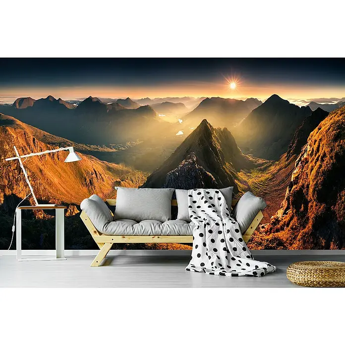 Papermoon Premium collection Fototapete Mullach en Rathein - B x H: 500 x 280 cm, Vlies - Das Wandbild fängt die atemberaubende Berglandschaft bei Sonnenaufgang ein und verleiht dem Raum eine natürliche und friedliche Atmosphäre.