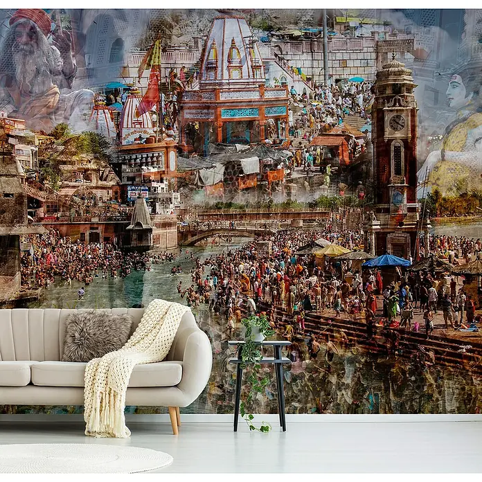 Papermoon Premium collection Fototapete Heiliges Indien - B x H: 250 x 186 cm, Vlies - Wandbild mit indischer Szene als Blickfang, kombiniert mit Sofa und Beistelltisch.