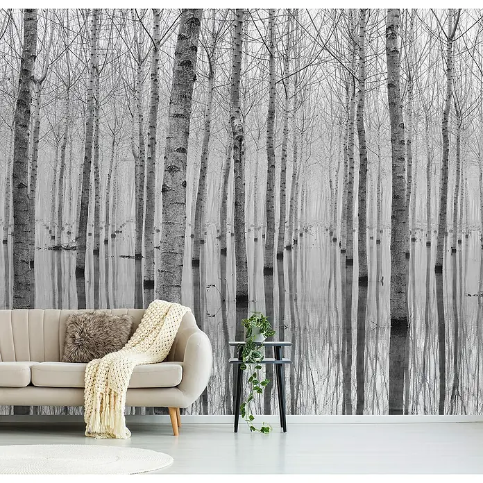 Papermoon Premium collection Fototapete Birkenmeer - B x H: 200 x 149 cm, Vlies - Elegantes Wohnzimmer mit einem stilvollen Sofa, einem Beistelltisch und einer eindrucksvollen Fototapete mit Birkenwald, die eine ruhige Atmosphäre schafft.