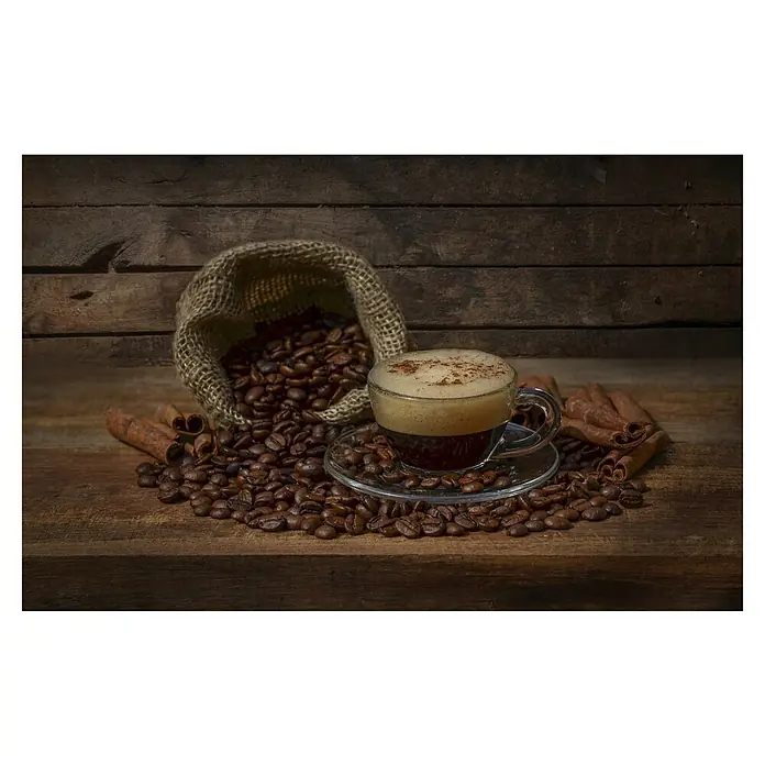 Papermoon Premium collection Fototapete Kaffeezeit - B x H: 250 x 186 cm, Vlies - Nahaufnahme einer Tasse Kaffee auf Kaffeebohnen mit Zimtstangen und einem Jutesack vor einem Holzbrett.