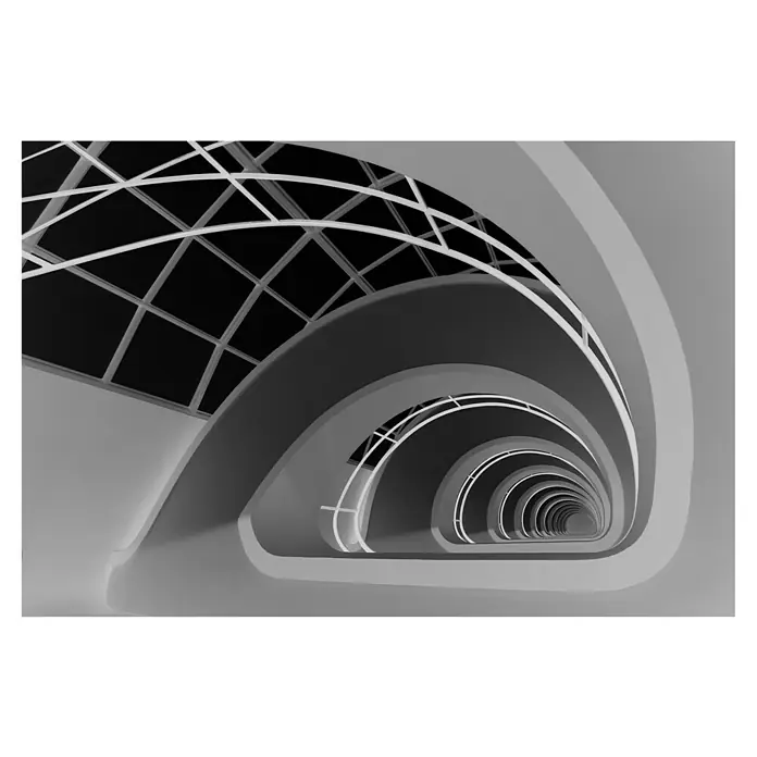 Papermoon Premium collection Fototapete Antwerpen-Treppe - B x H: 350 x 260 cm, Vlies - Blick in einen futuristischen Tunnel mit sich wiederholenden Bögen und einem Netzgitterdach, dargestellt in Schwarzweiß.