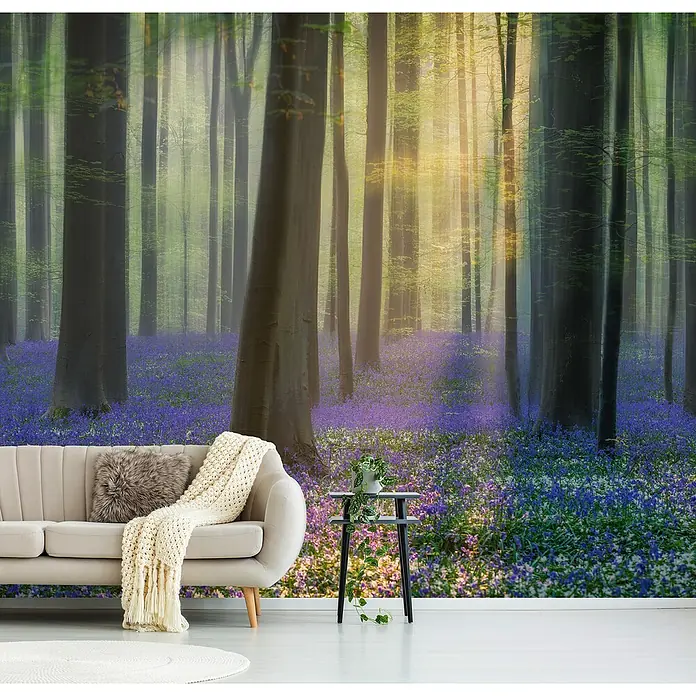 Papermoon Premium collection Fototapete Tagträume Bluebells - B x H: 250 x 186 cm, Vlies - Dieses Bild zeigt eine gemütliche Sofaecke mit einer Waldtapete, die eine ruhige und natürliche Atmosphäre schafft.