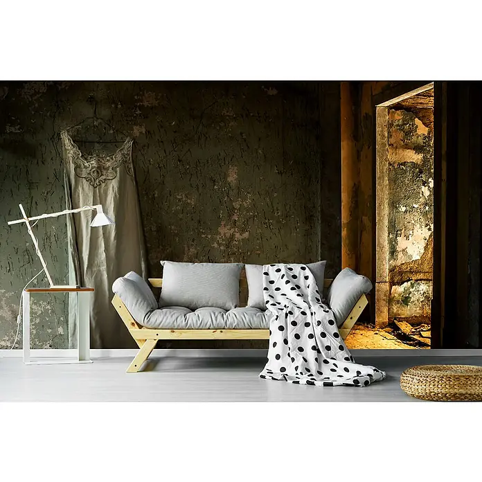 Papermoon Premium collection Fototapete Le Temps Retrouvac - B x H: 200 x 149 cm, Vlies - Die elegante Couch mit der gepunkteten Decke, dem bequemen Kissen und dem stilvollen Tisch mit Lampe vor der Wand bietet Komfort.